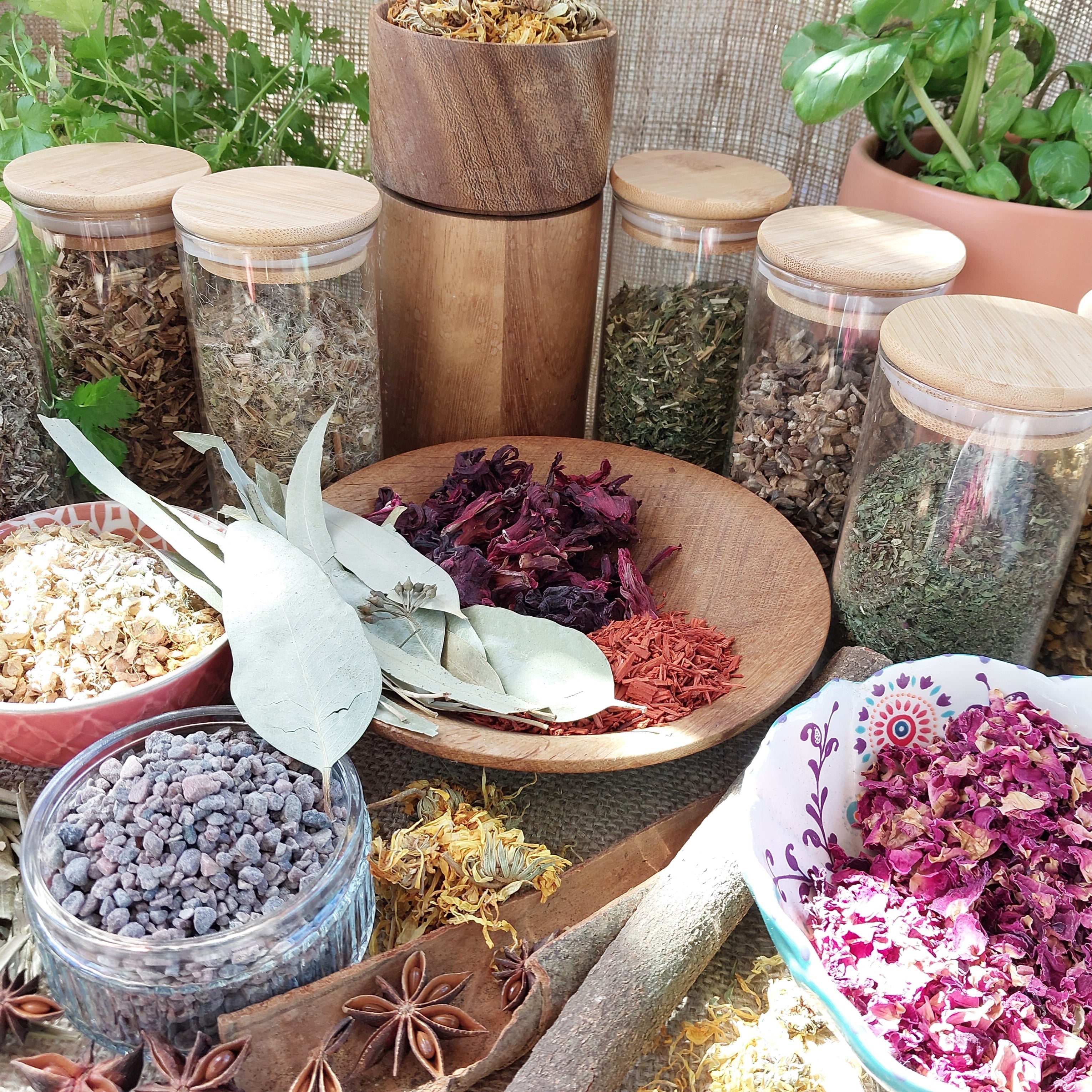 Assorted herbs and spices in glass jars and bowls on a wooden surface.