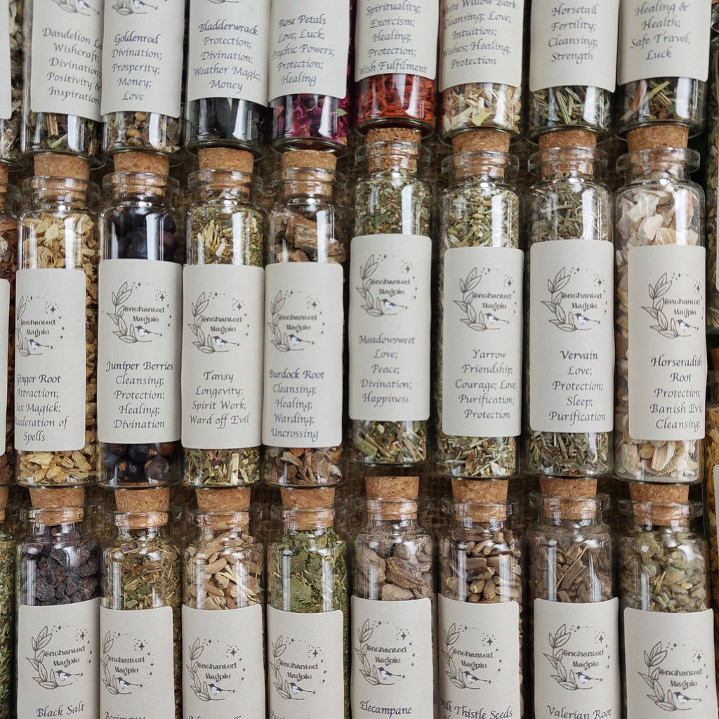 20ml Glass Jars of Herbs, Barks, Flowers, Resins, Salts, Seeds 67 Varieties
