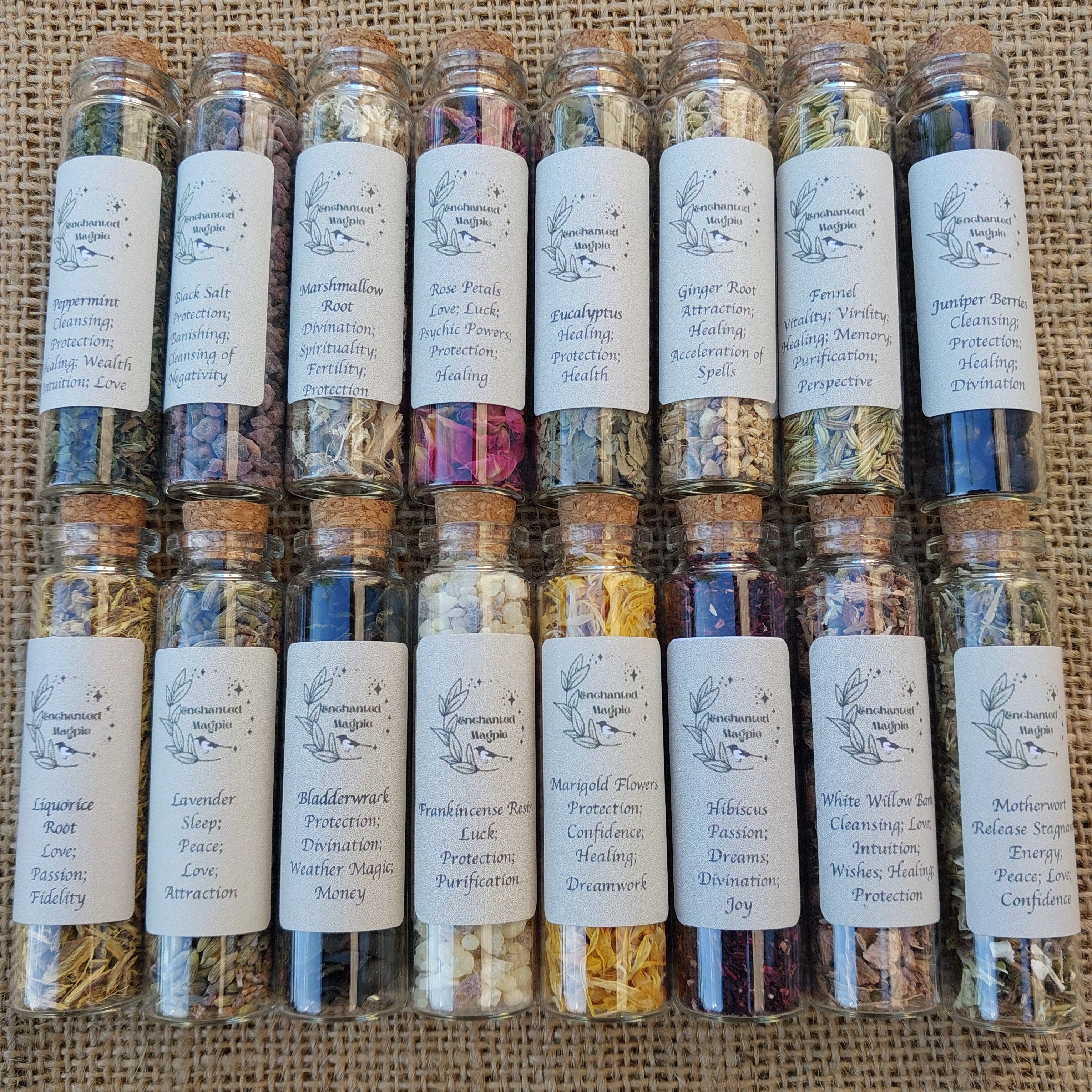 20ml Glass Jars of Herbs, Barks, Flowers, Resins, Salts, Seeds 67 Varieties