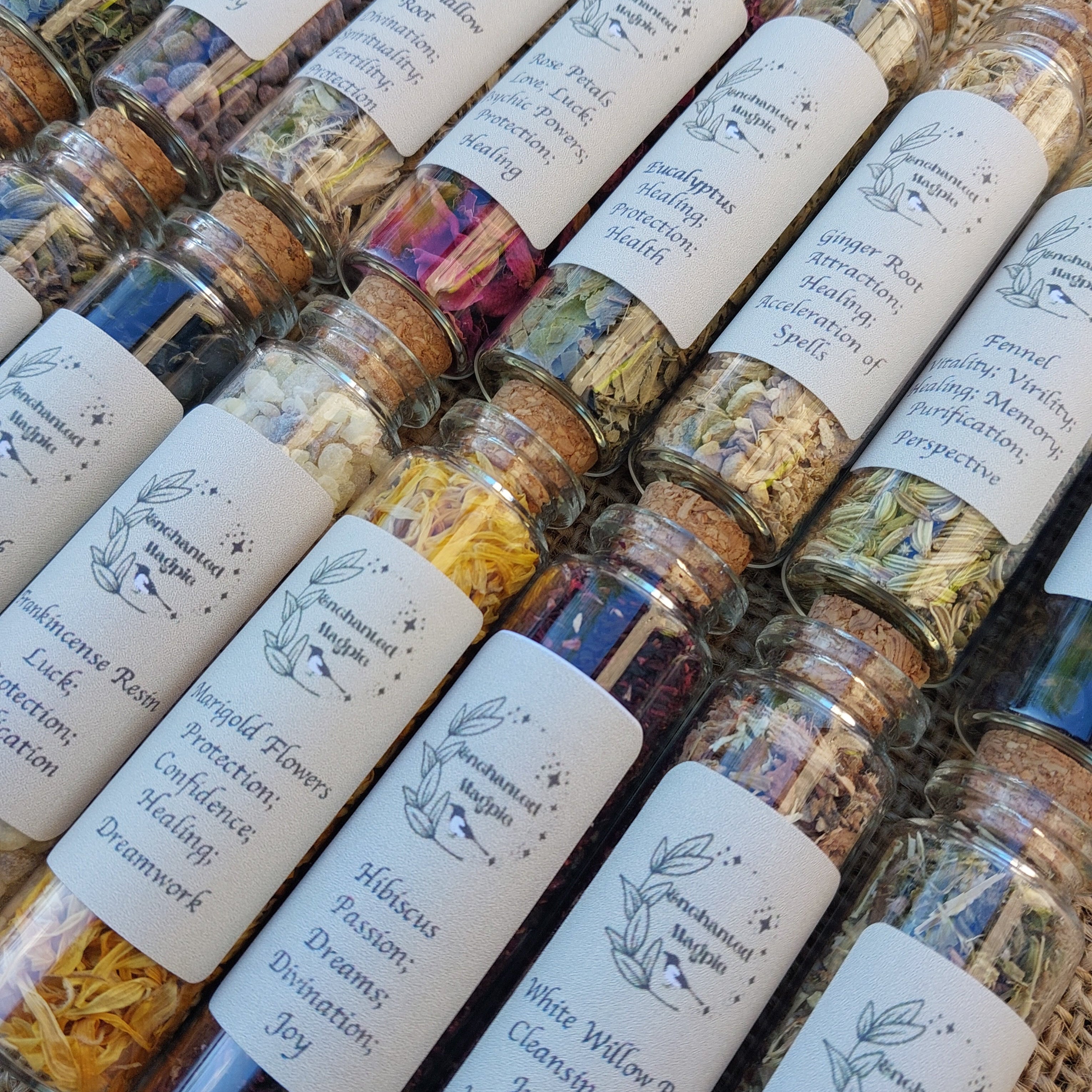 20ml Glass Jars of Herbs, Barks, Flowers, Resins, Salts, Seeds 67 Varieties