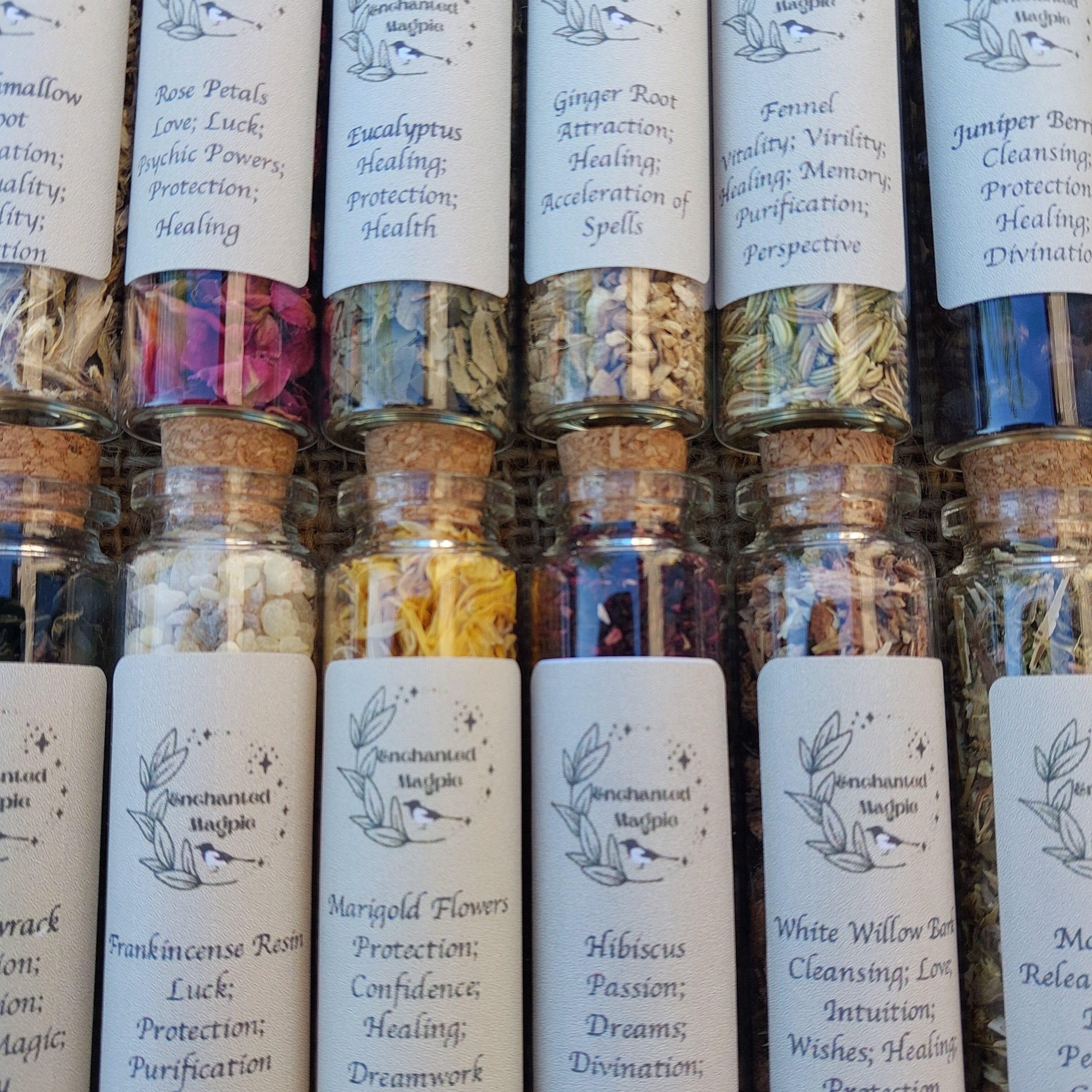 20ml Glass Jars of Herbs, Barks, Flowers, Resins, Salts, Seeds 67 Varieties