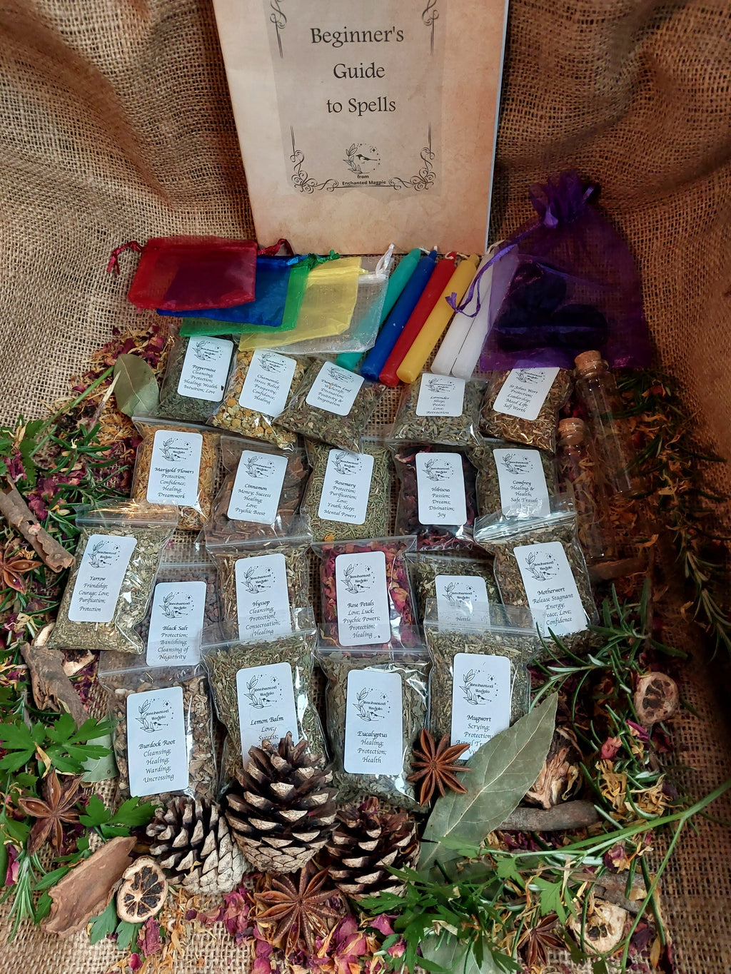 Witch Starter Kit  20 Herbs, Beginner's Guide, Candles, Spoon, Jars & Bags