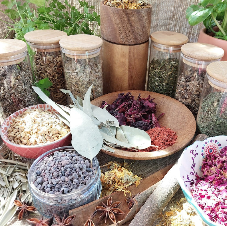 20ml Glass Jars of Herbs, Barks, Flowers, Resins, Salts, Seeds 67 Varieties